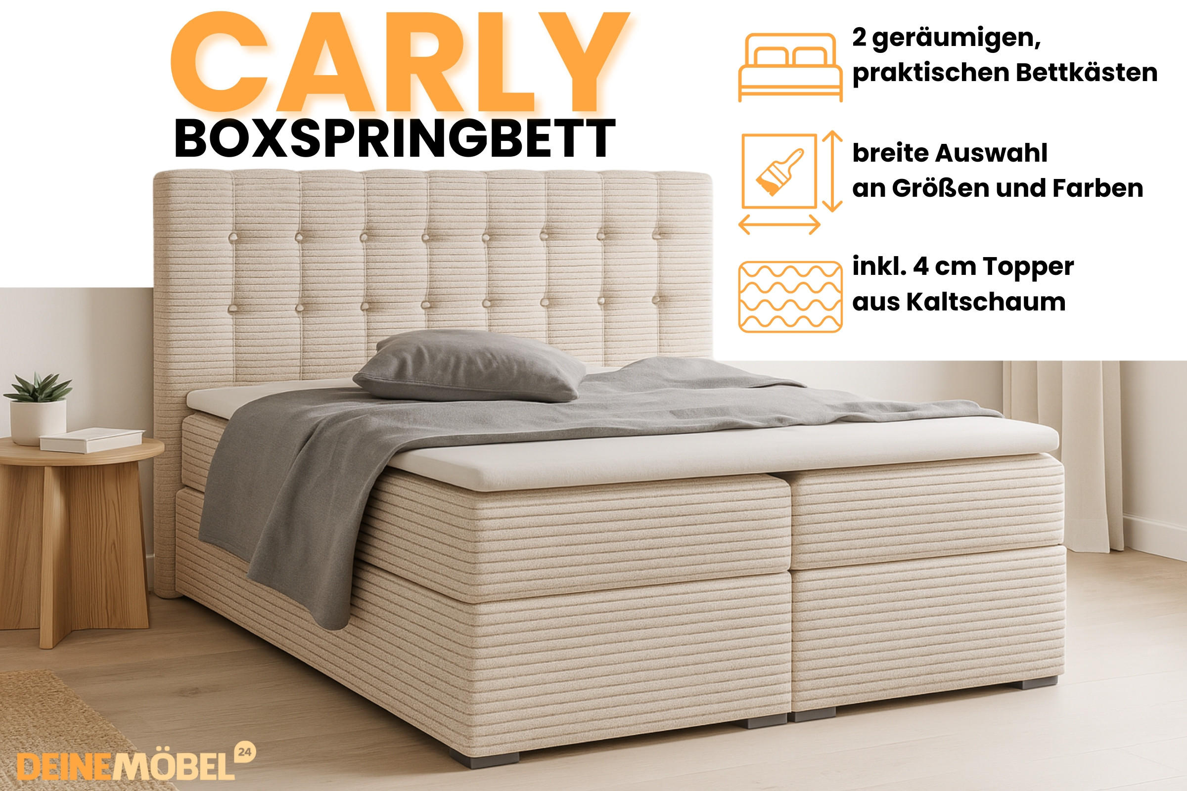 Thumbnail - Deine Möbel 24 Boxbett, Beige, Holz, Holzwerkstoff, Textil, H3, 140x200 cm, Schlafzimmer, Betten, Boxspringbetten