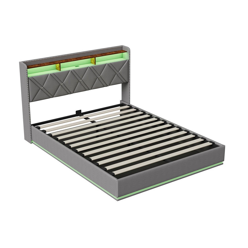 POLSTERBETT 140x200cm mit hydraulischer Hebefunktion - USB Type-C und LED-Beleuchtung - ohne Matratze - Grau - Grau, Textil (140/200cm) - DELFA