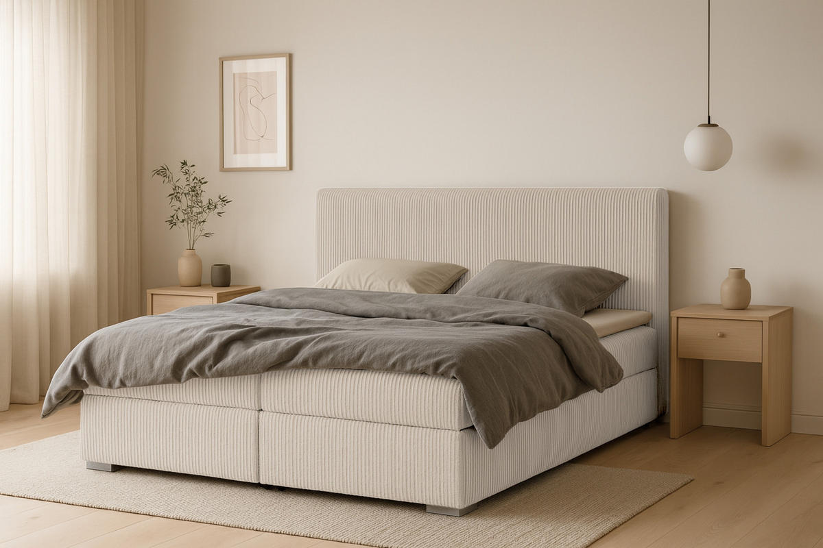 BOXBETT LON IV 140/200 in Cord Ecru H4 - Ecru, Holz/Holzwerkstoff (140/200cm) - Deine Möbel 24