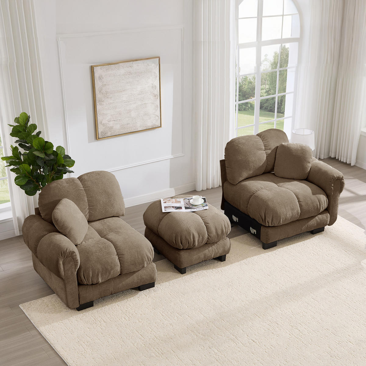 ECKSOFA DE-34384 L-Form mit Ottoman und Steppdesign Braun - Braun, Textil (149/190cm) - ComfortXL