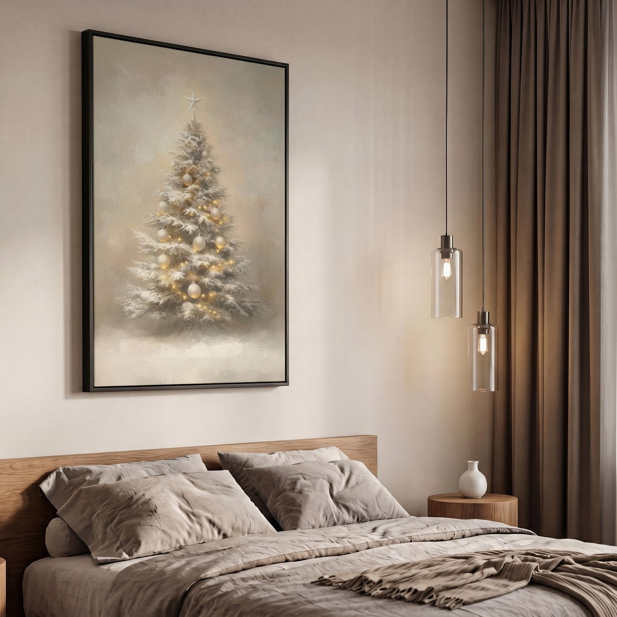 LEINWAND Bilder mit Rahmen - Weihnachten - Weihnachtsbaum - Schnee - Kunst - 60x90 - Champagner, Textil (60/90cm) - MuchoWow