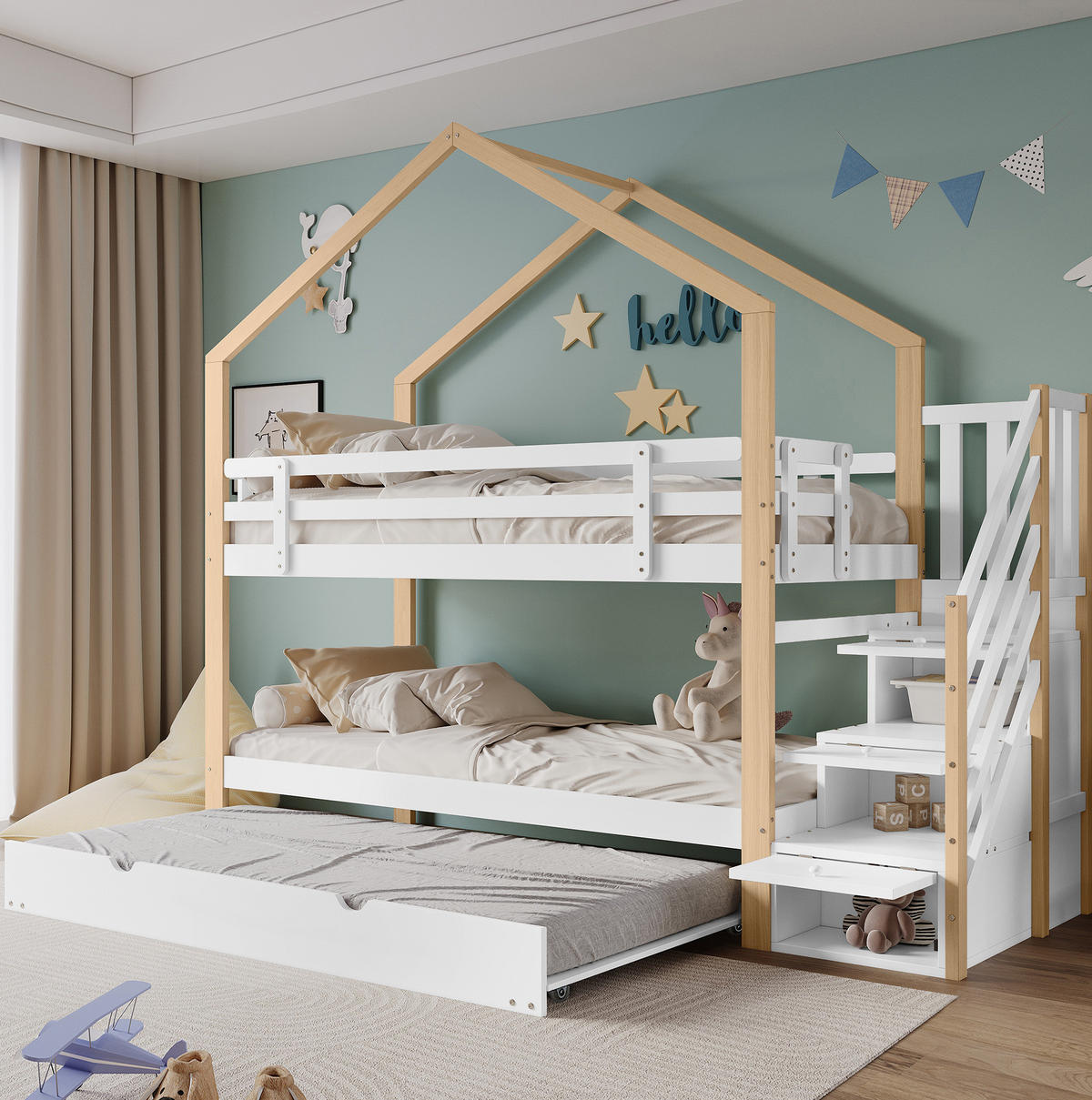 ETAGENBETT 90/200 cm in Natur/Weiß mit Ausziehbett und Treppe mit 4 Schubladen - Weiß, Holz (90/200cm) - OKMYHOME