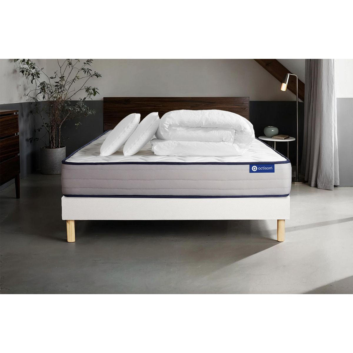 BETT Actiflex form Taschenfederkern und Memory-Schaum 200 x 200 cm h3 - Kit Bettgestell Weiß - Mit Kissen und Bettdecke - Beige/Weiß, Karton/Holz (200/200cm) - ACTISOM