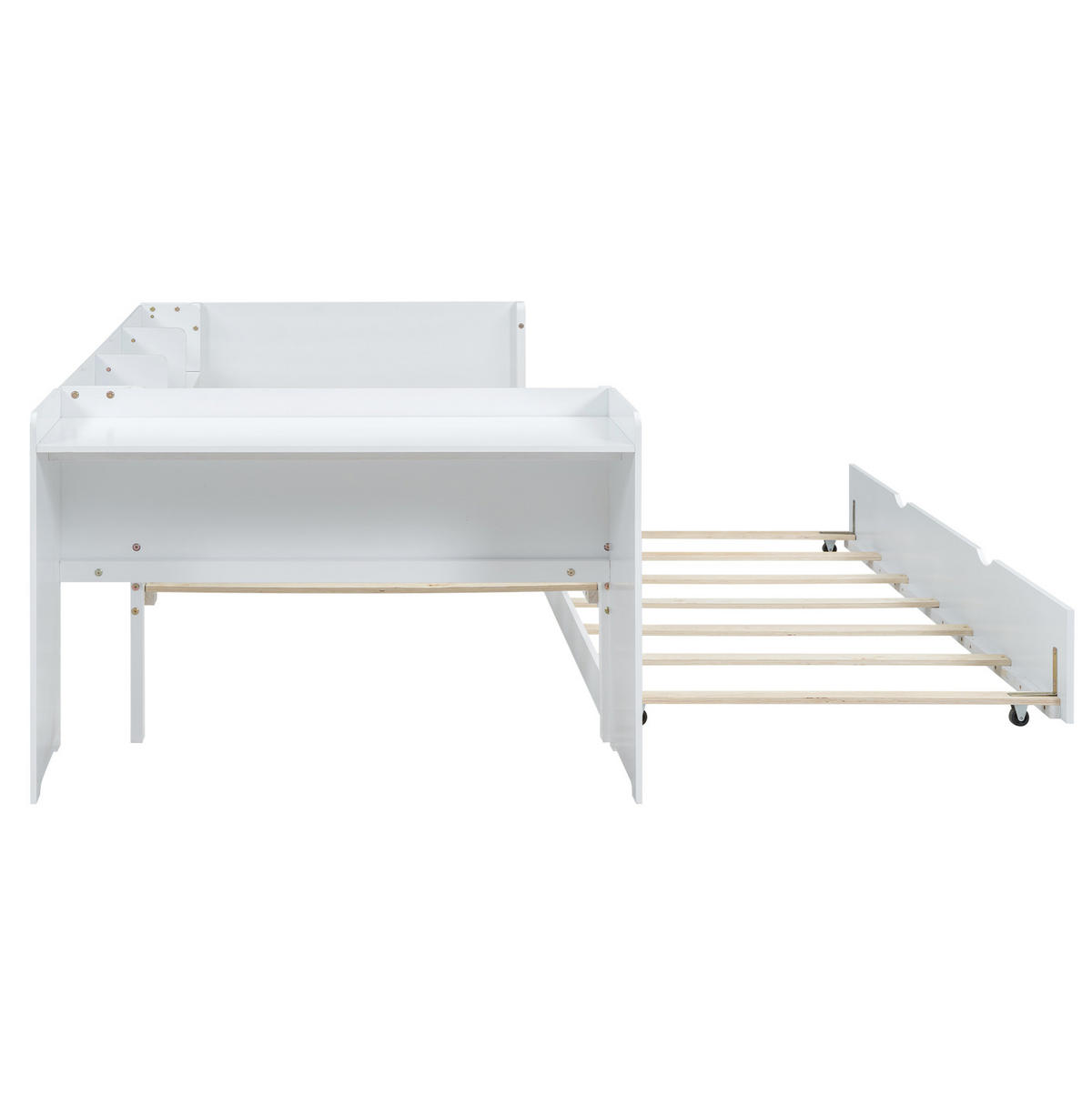 POLSTERBETT aus Kiefer & MDF 90x200 cm in Weiß mit Ausziehbett & Schreibtisch - Weiß, Holzwerkstoff (90/200cm) - Modfu