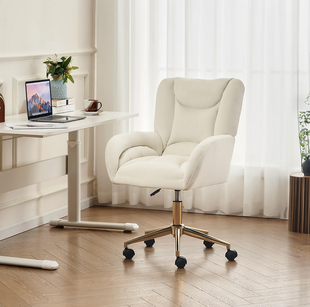 DREHSTUHL höhenverstellbar Samt Ivory mit Rollen - Weiß, Metall (62/92.5/64cm) - Meubliv