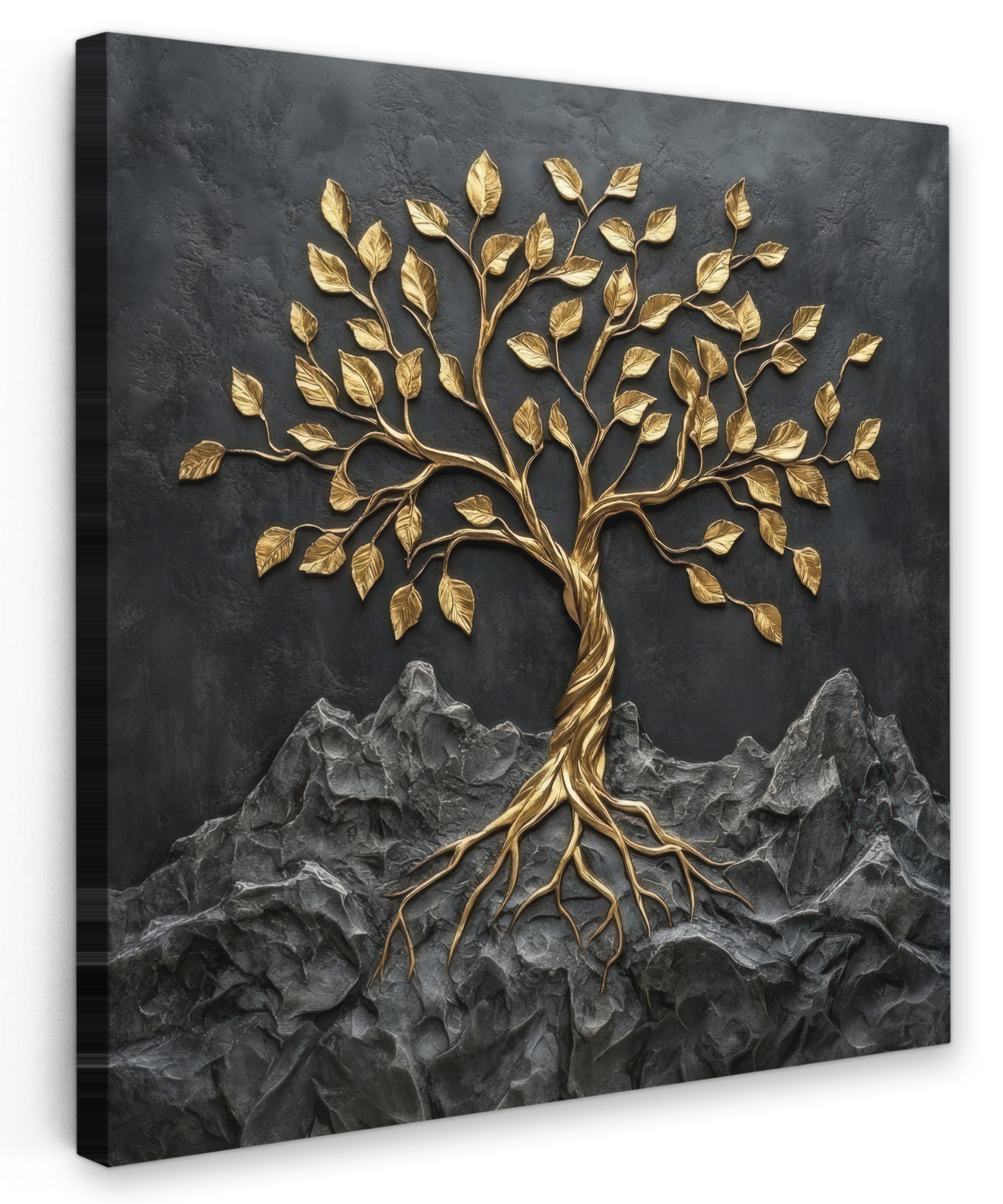 LEINWANDBILD Blätter - Gold - Baum - Fels Deko Wohnzimmer 20x20 cm - Schwarz, Textil (20/20cm) - MuchoWow