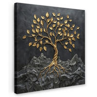 LEINWANDBILD Blätter - Gold - Baum - Fels Deko Wohnzimmer 20x20 cm - Schwarz, Textil (20/20cm) - MuchoWow