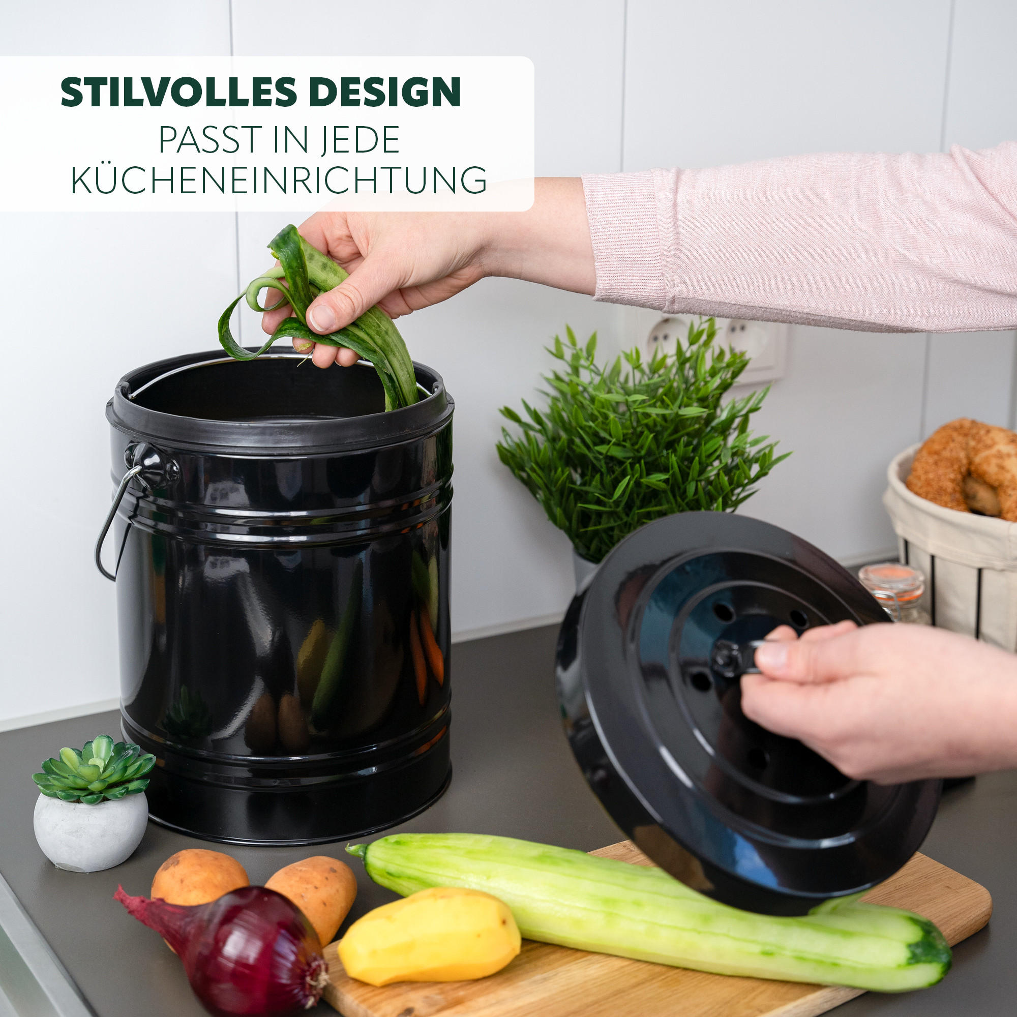 KOMPOSTEIMER 5 Liter, schwarz - Schwarz, Metall (20.5/29.5/20.5cm) - bremermann