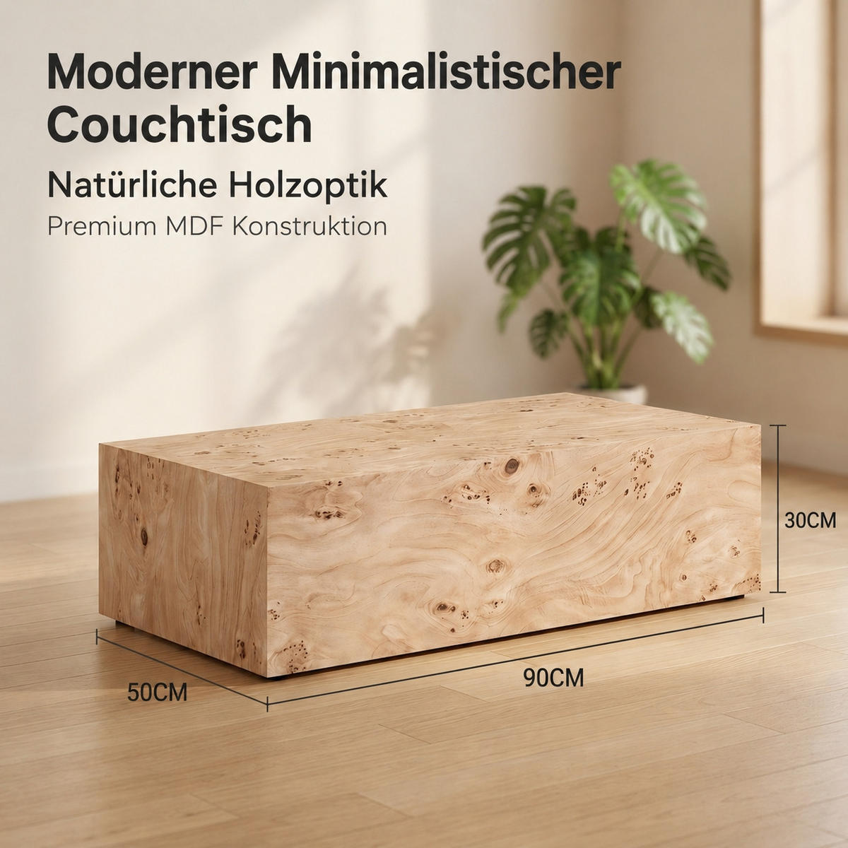 COUCHTISCH DE-37342 mit Holzoptik und stabiler Konstruktion Naturholz - Eichefarben, Holzwerkstoff (90/50/30cm) - ComfortXL