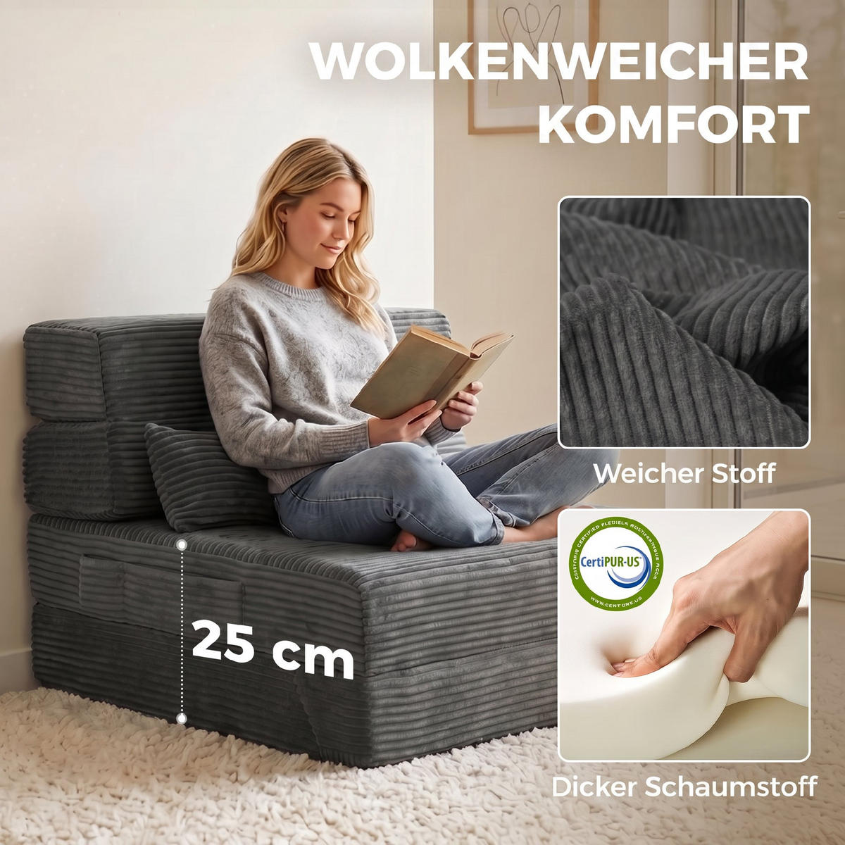 BODENSTUHL Polyester Dunkelgrau - Dunkelgrau, Textil (70/12.5/200cm) - HOMCOM
