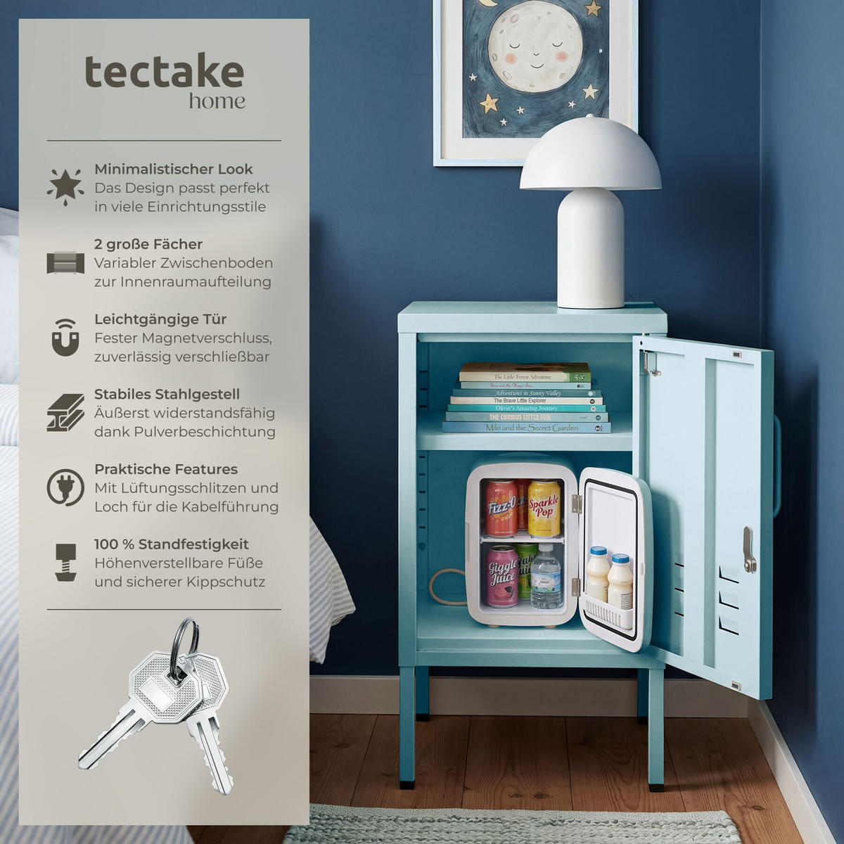 NACHTSCHRANK Baker, Kippschutz, höhenverstellbare Füße, grau/blau - Blau/Grau, Metall (35/60.5/42.5cm) - tectake