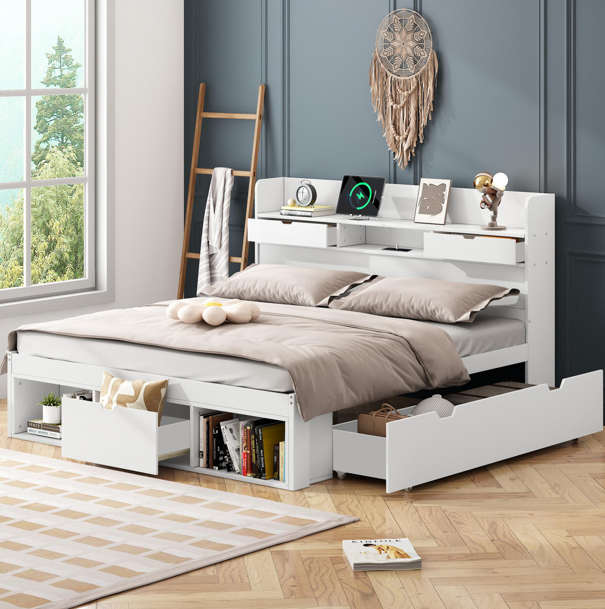 POLSTERBETT 160/200 cm Weiß mit Stauraum und USB- und Type-C-Anschlüssen - Weiß, Holzwerkstoff (160/200cm) - Flora Grace