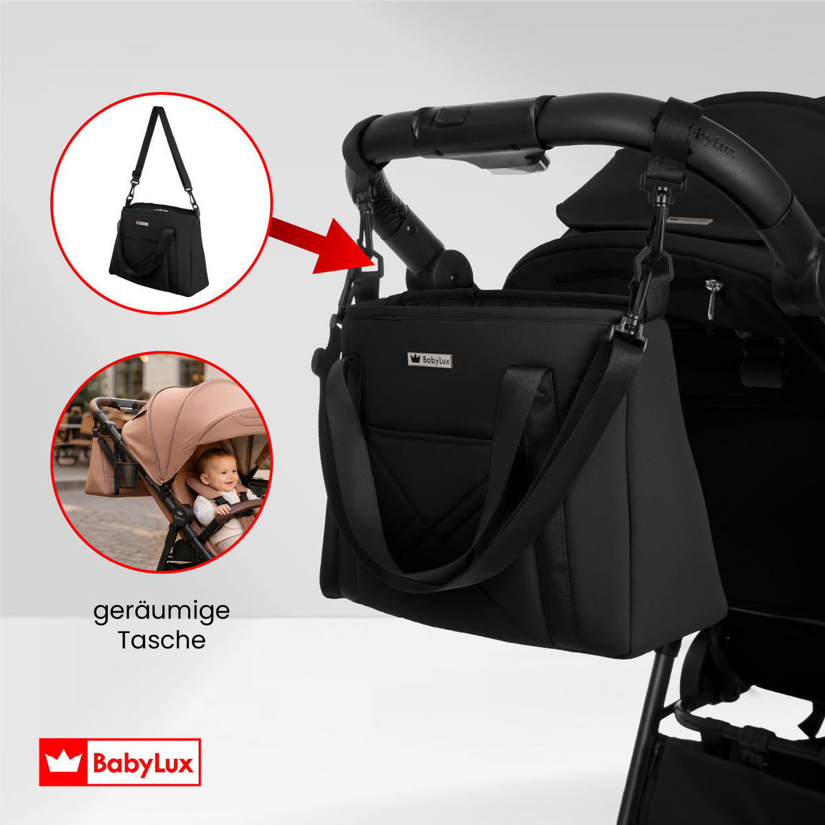 BUGGY Rolle, Klein und Leicht, Teleskopische Führung, Kompakt Faltbar, Wickeltasche, Reisetasche - Schwarz, Textil/Metall (58/99cm) - BabyLux