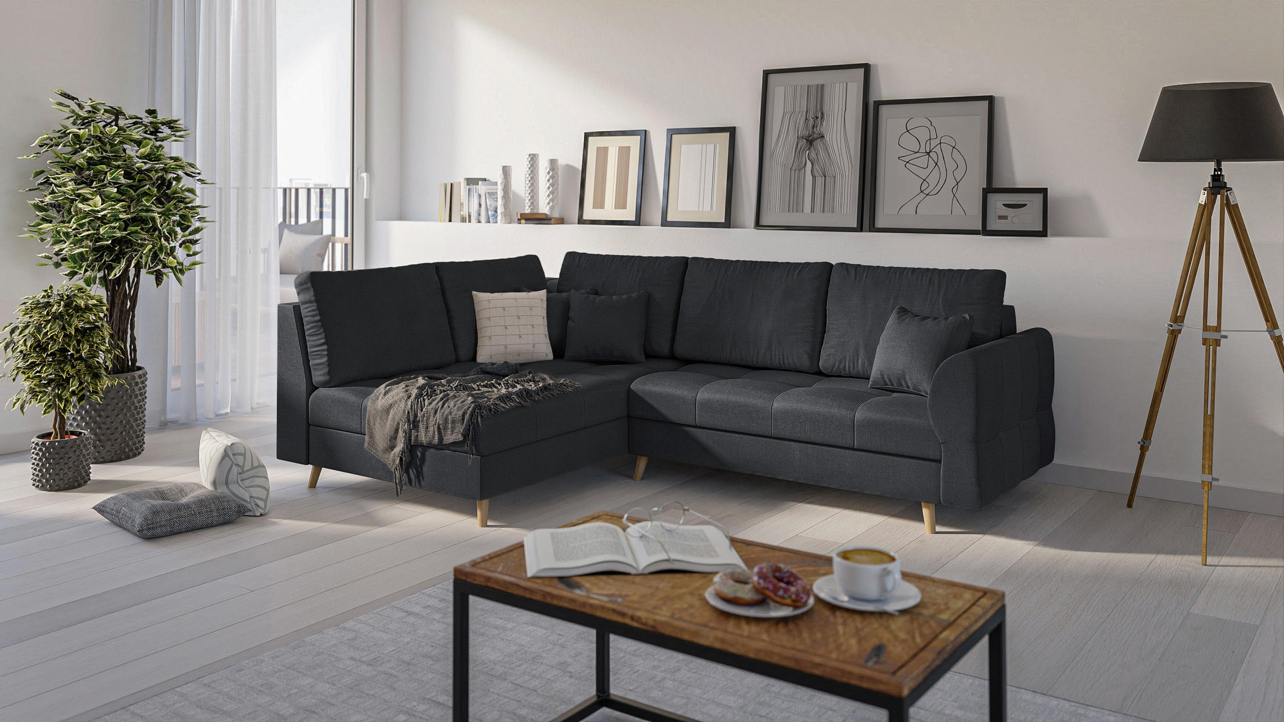 ECKSOFA Lorine Mikrofaser Anthrazit - Hellbraun/Anthrazit, Buchenholz/Textil (231/161cm) - S-Style Möbel