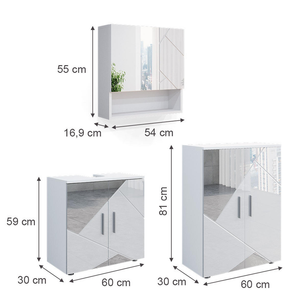 BADMÖBEL-SET Irma Weiß 3 Teile, mit Unterschrank 60 cm - Weiß Hochglanz/Weiß, Holzwerkstoff (80/58.6/41cm) - Vicco