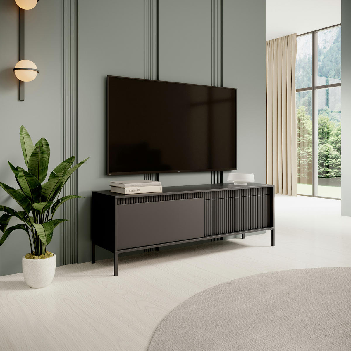 TV-ELEMENT SELBU RTV1 Reliefierte Fronten aus MDF-Platte Schwarz Schwarz - Schwarz, Glas/Holzwerkstoff (154/54/40cm) - Komodee