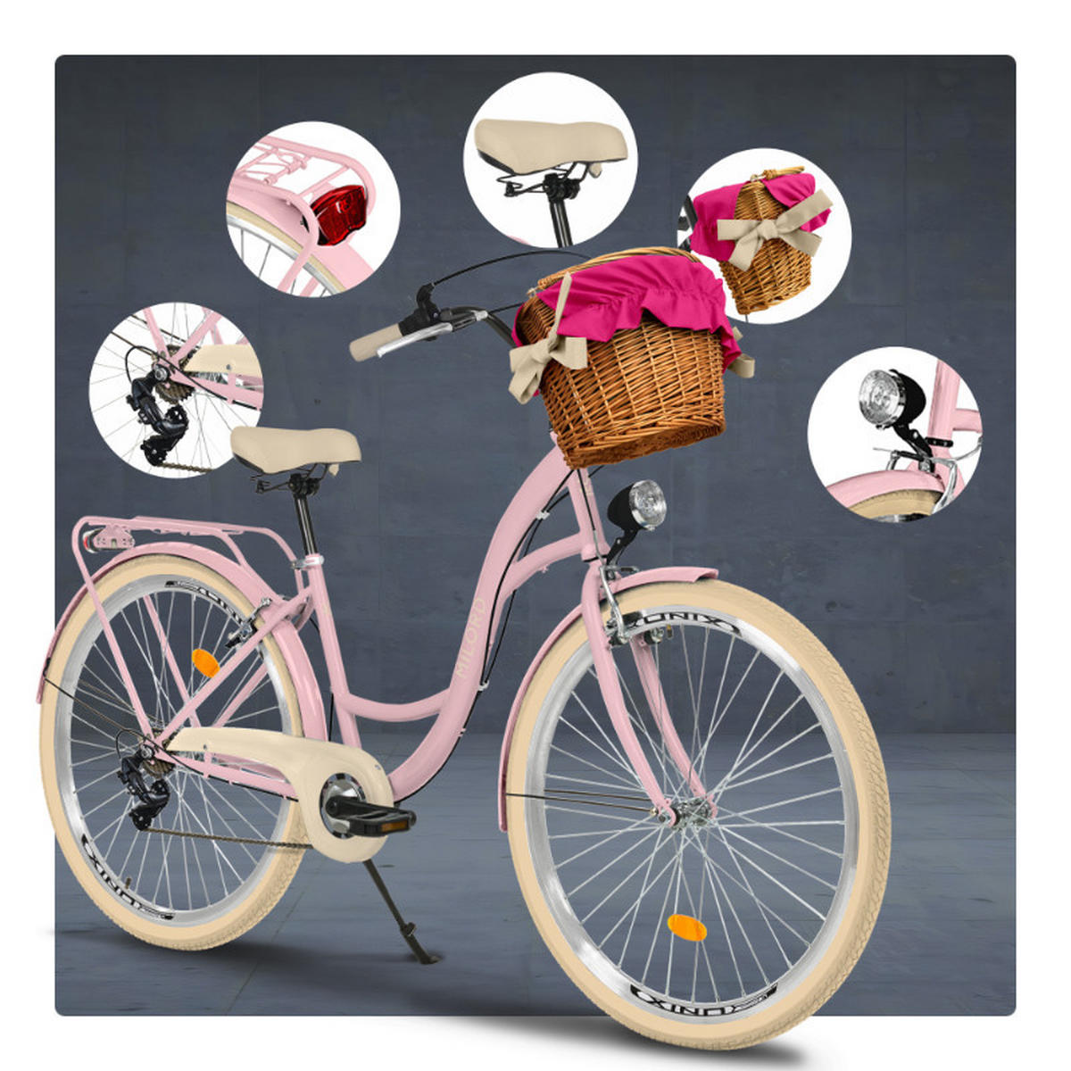 CITY-FAHRRAD Milord mit Weidenkorb, 28 Zoll, Rosa-Creme, 7-Gang - Pink/Creme, Metall (46cm) - Milordbikes