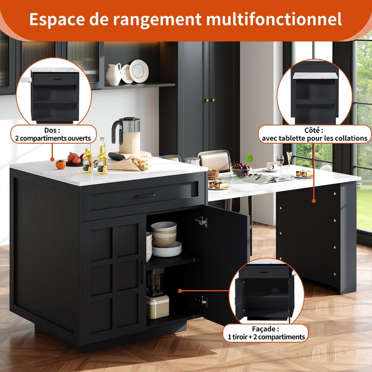 KÜCHENINSEL AUSZIEHBARER BARTISCH mit Stauraum, MDF Schwarz, für 2-6 Personen, 133-202/70/93,5 cm - Schwarz, Kunststoff (70/93.5/202cm) - Rolipo