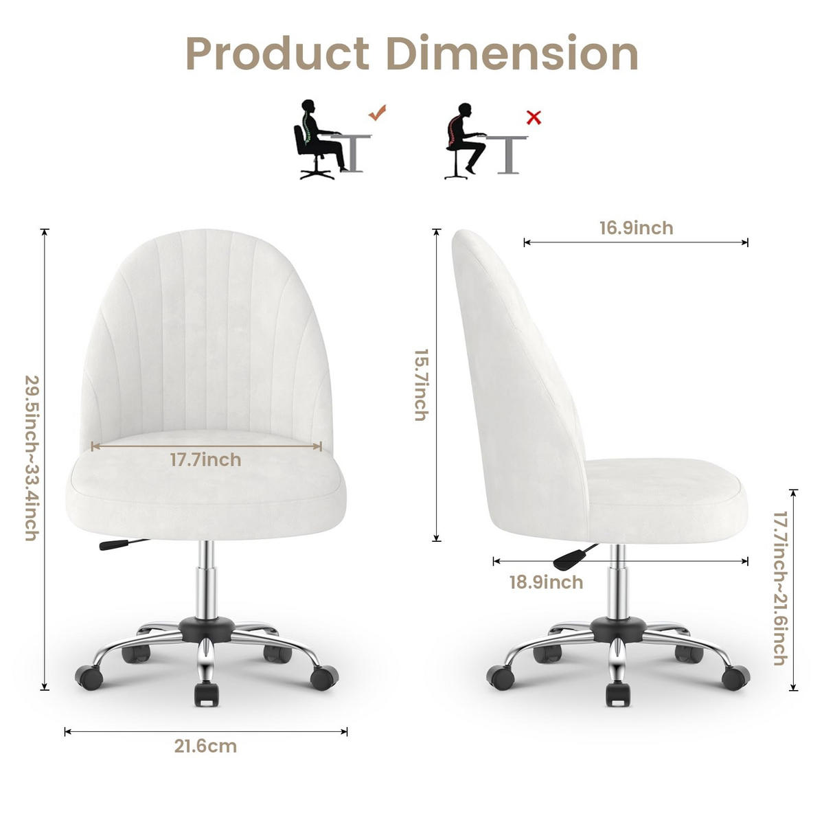 DREHSTUHL Beige Samt ergonomisch drehbar - Hellgelb, Metall (30/44.5/48.5cm) - Rattrix