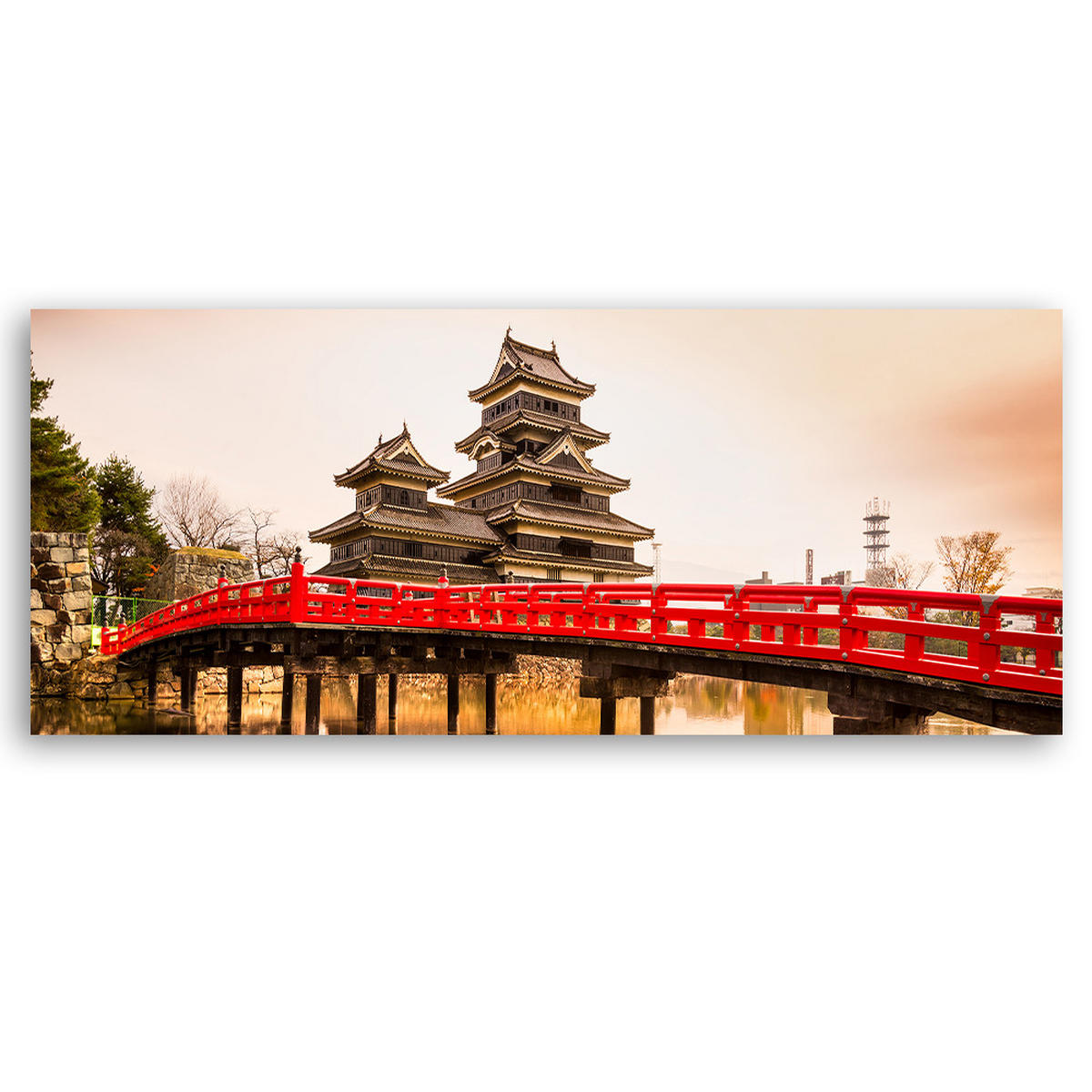 WANDBILD japanische brücke und schloss matsumoto - Grau, Textil (90/30cm) - Feeby