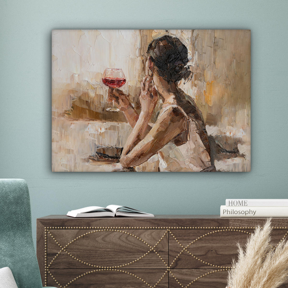 LEINWANDBILD Ölgemälde - Frau - Wein Wandbilder 80x60 cm - Hellbraun, Textil (80/60cm) - MuchoWow