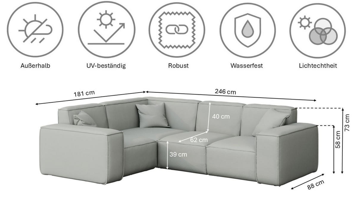 GARTENECKSOFA L-form MALIBU Stoff Odyssey Hellgrau Links - Hellgrau, Holz (181/73/246cm) - Kaiser Möbel