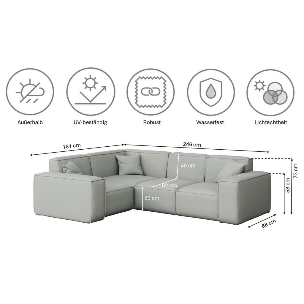 Thumbnail - Kaiser Möbel Gartenecksofa, Hellgrau, Holz, 4-Sitzer, 181x73x246 cm, Loungemöbel, Gartensofas