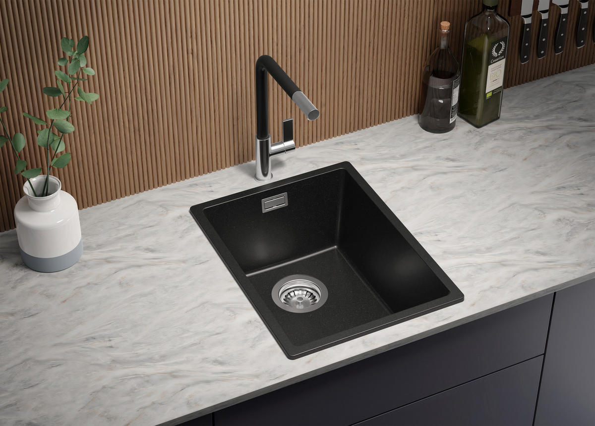 GRANITSPÜLE London Slim, 2-er set Alles Schwarz 36/47 cm 1 Becken + Küchenarmatur 40/38 cm + Ablauf-Set ab 40er Unterschrank - Schwarz, Kunststoff (36/20/47cm) - Primagran