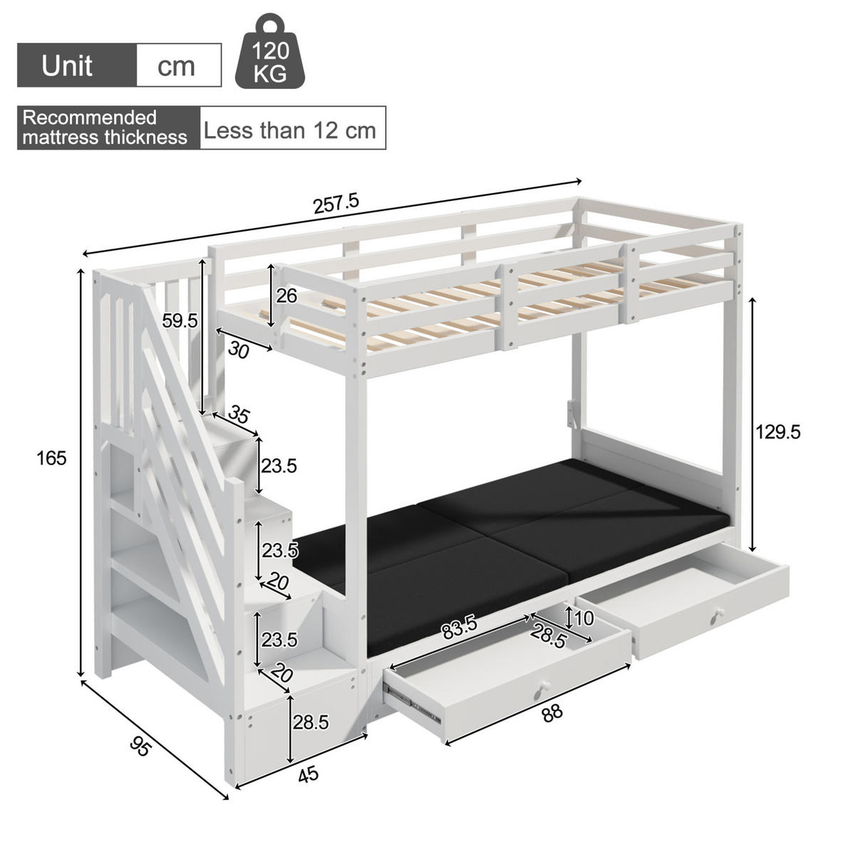 PATROVÁ postel 90/200 cm bílá z masivu a MDF se schodišťovou skříní a zásuvkami - bílá, kompozitní dřevo (90/200cm) - OKWISH