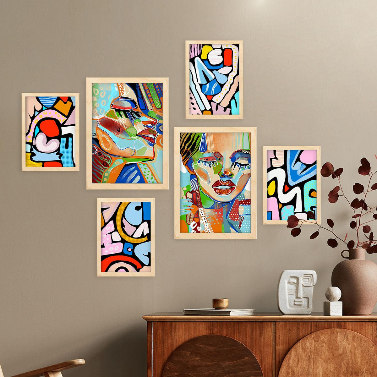 POSTER Set Mit 6 Lady Mazarelli In Weibliche Zusammenfassung Ästhetische Dekorative Gemälde Für Ihr Wohnzimmer Zuhause A3 & A4 Rahmen Aus Hellem Holz - Beige, Papier (29/3cm) - Nacnic