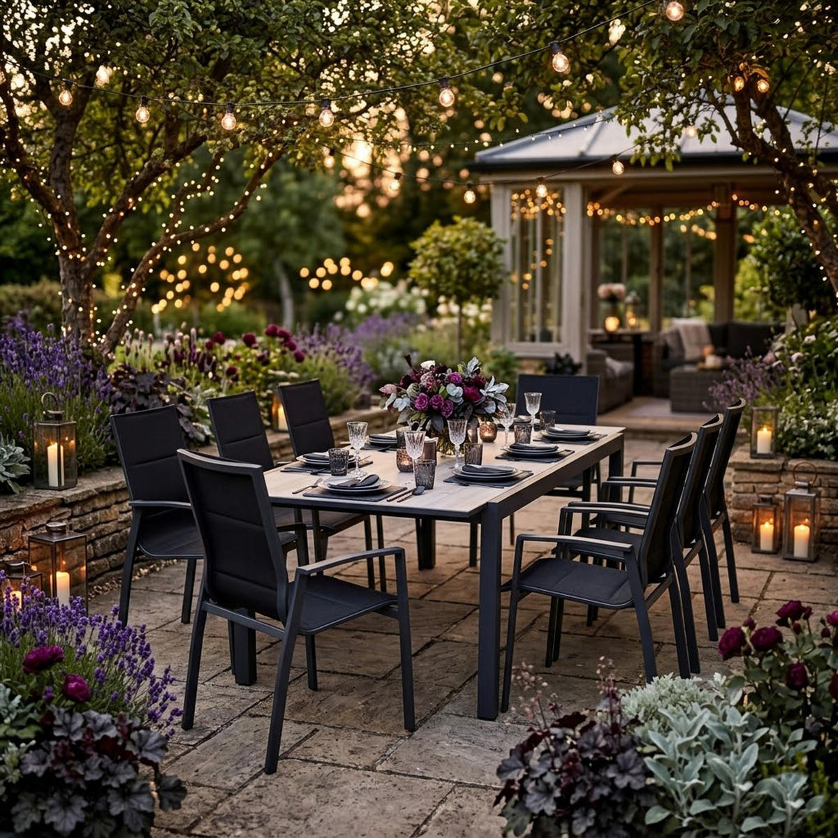 GARTEN-GARNITUR Ashford - 9-teilige Garten-Essgruppe (8x Stapelsessel mit Armlehnen, 1x Ausziehtisch 180/240x100cm), Gestell Aluminium - Schwarz, Metall - TPFGarden