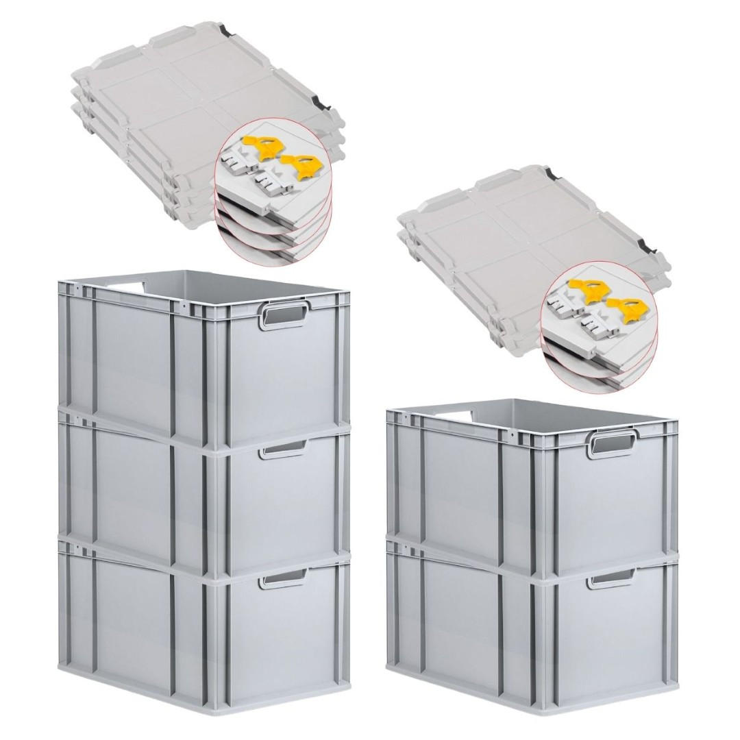 EUROBOX 5x Nextgen Economy Mit Scharnierdeckel Grau/Gelb Griffe Offen 65 Liter - Gelb, Kunststoff (40/32/60cm) - PROREGAL