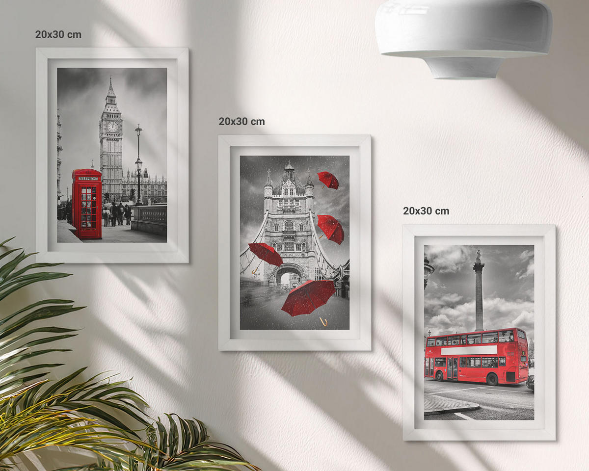 WANDBILDER 3er-Set - 20x30 cm Weißer Rahmen - Roter Regenschirmstand und Londoner Bus - Weiß, Kunststoff (20/30cm) - ArtPrintCave