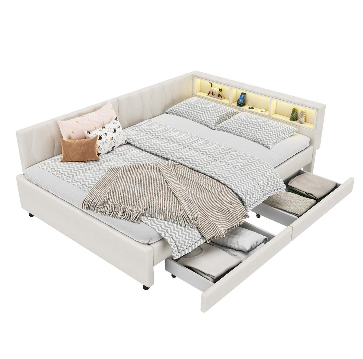 KREVET na razvlačenje 140/200 cm od lana i MDF-a s LED osvjetljenjem, USB+Type C priključkom, ladicama i policama, Bež - bež, tekstil (140/200cm) - Redom