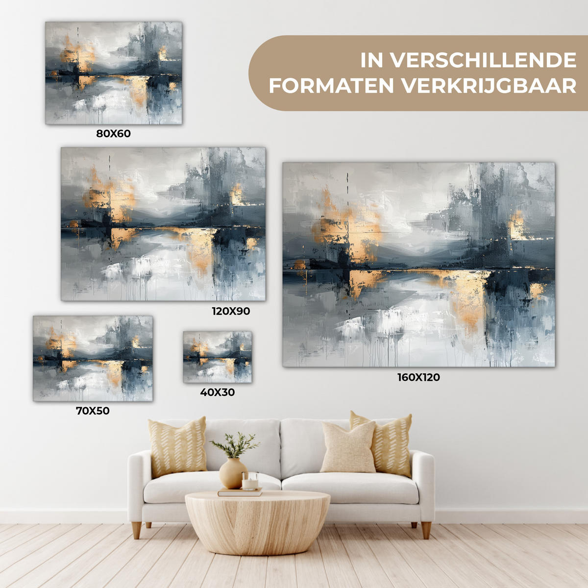 LEINWANDBILD Kunst - Grau - Gold - Abstrakt Wandbilder 80x60 cm - Dunkelgrau, Textil (80/60cm) - MuchoWow