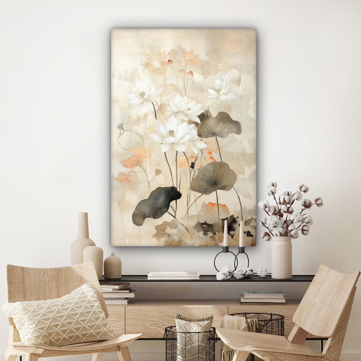 LEINWANDBILD Blumen - Japandi - Wabi sabi 90x140 cm - Sandfarben, Textil (90/140cm) - MuchoWow