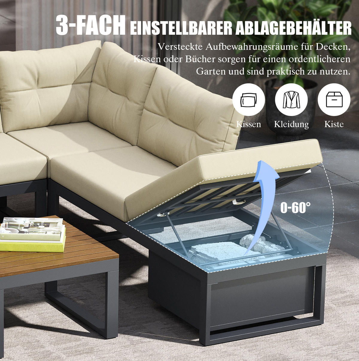 GARTENMÖBEL-SET 191,5/191,5/79 cm mit 3-fach verstellbarer Liegefunktion und Stauraum, Polyester, Beige - Beige, Textil - Redom