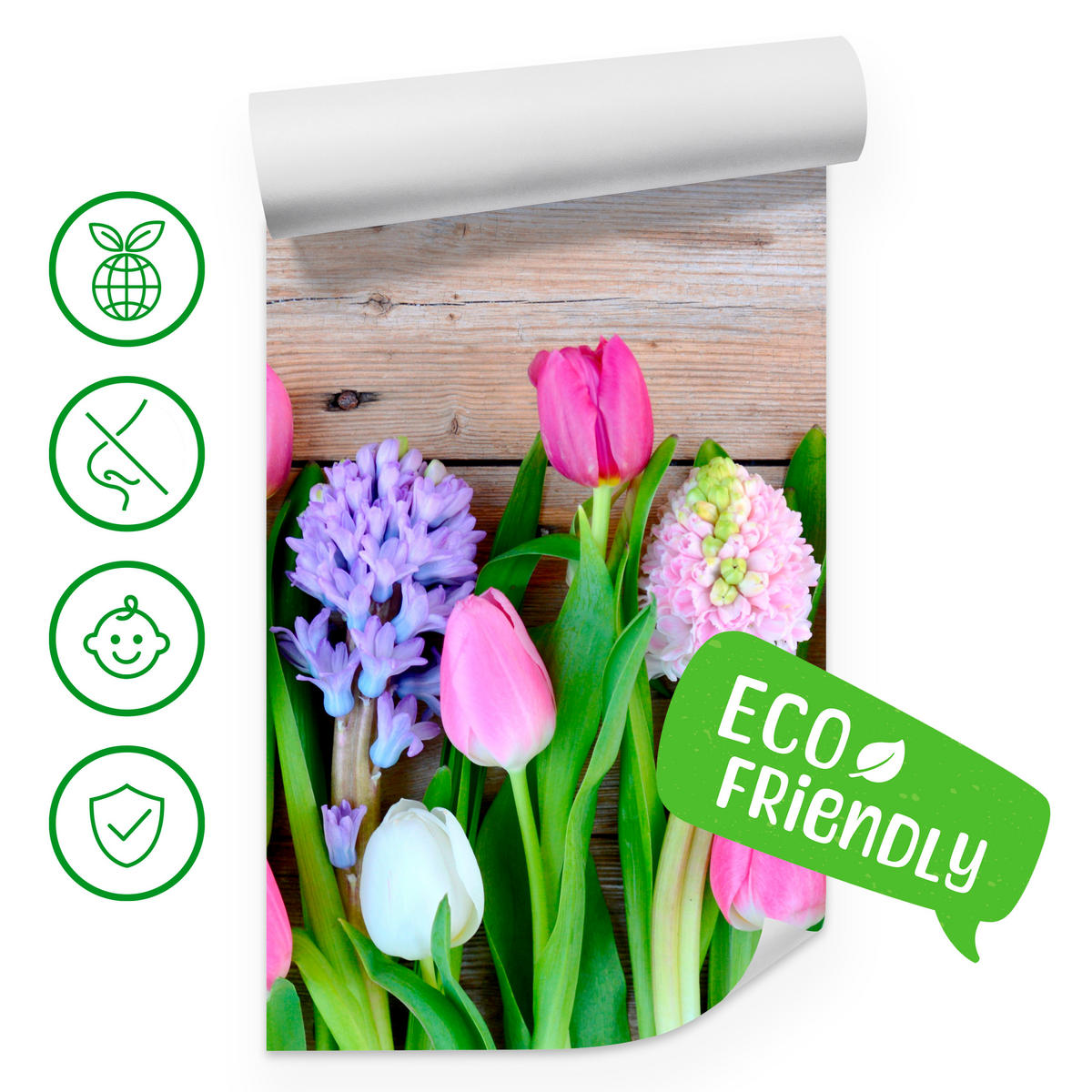 FOTOTAPETE für Küche Rosa Tulpen Violette Hyazinthen Holztisch 250x175 - Ecru/Violett, Papier (250/175cm) - Muralo