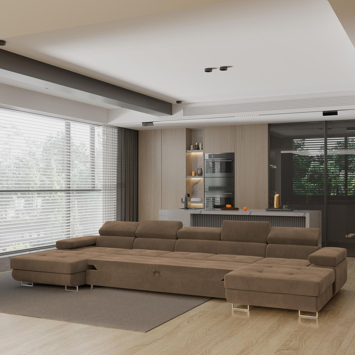 WOHNLANDSCHAFT OMBRA Beige Velours-Stoff mit Schlaffunktion - Beige, Holz (425/90/202cm) - MASSENO