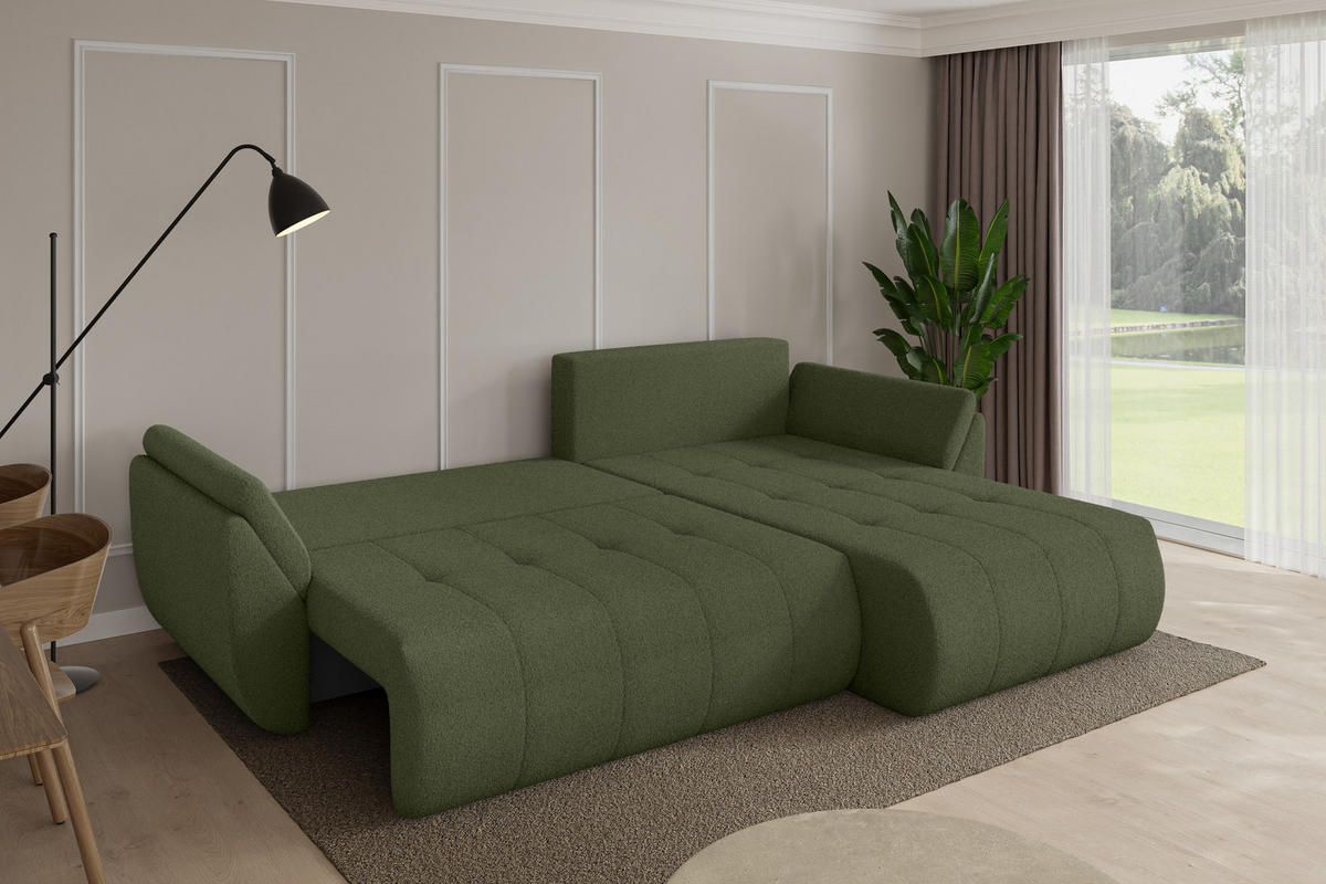 ROHOVÁ SEDAČKA s funkcí spaní, otoman vpravo TOKO-L 277x194x86 zelená bouclé - černá/zelená barva, kompozitní dřevo/textil (277/194cm) - ALTDECOR