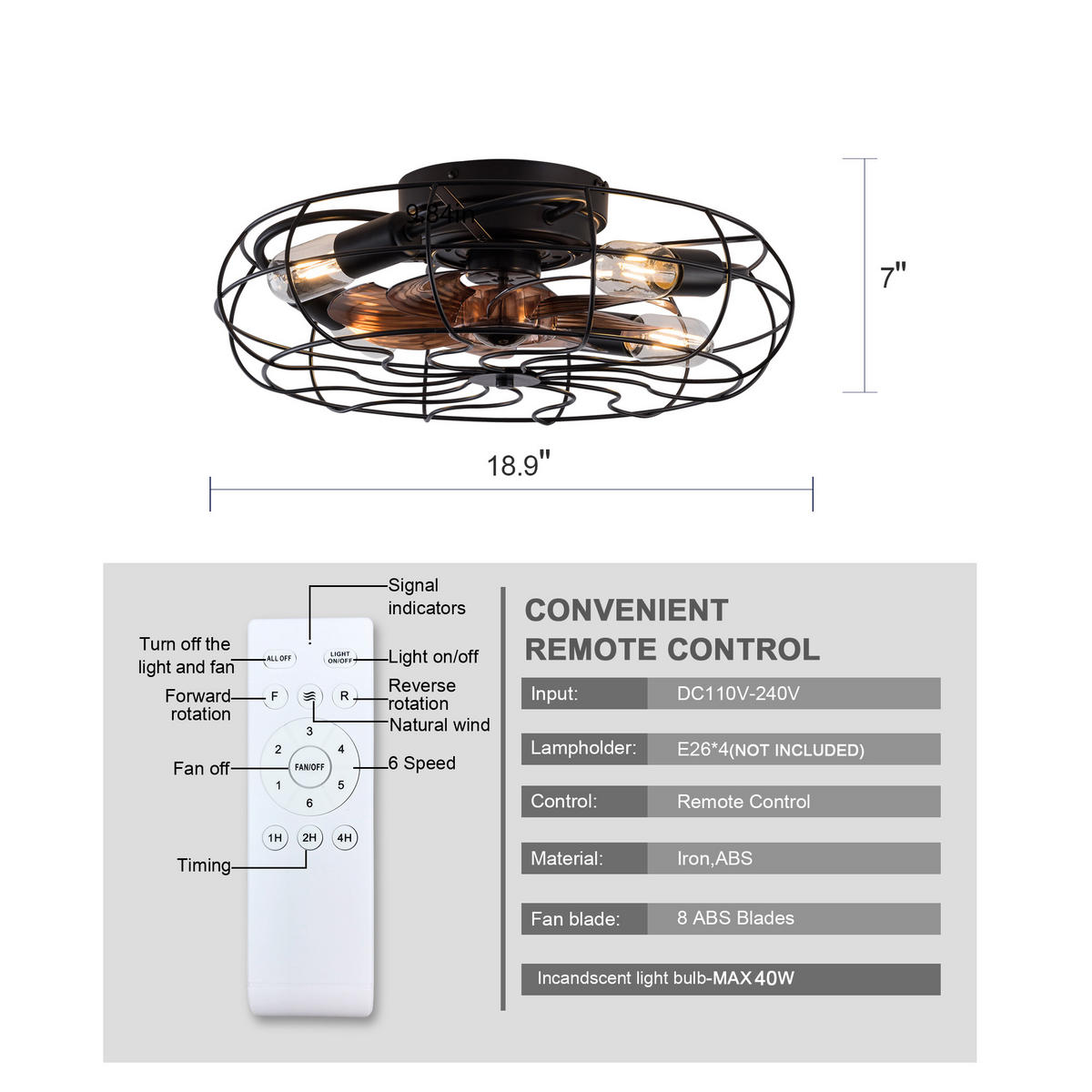 DECKENVENTILATOR 19Zoll Käfig Design LED Licht Industrie Schwarz - Schwarz, Kunststoff (50/50/17cm) - CASIVA
