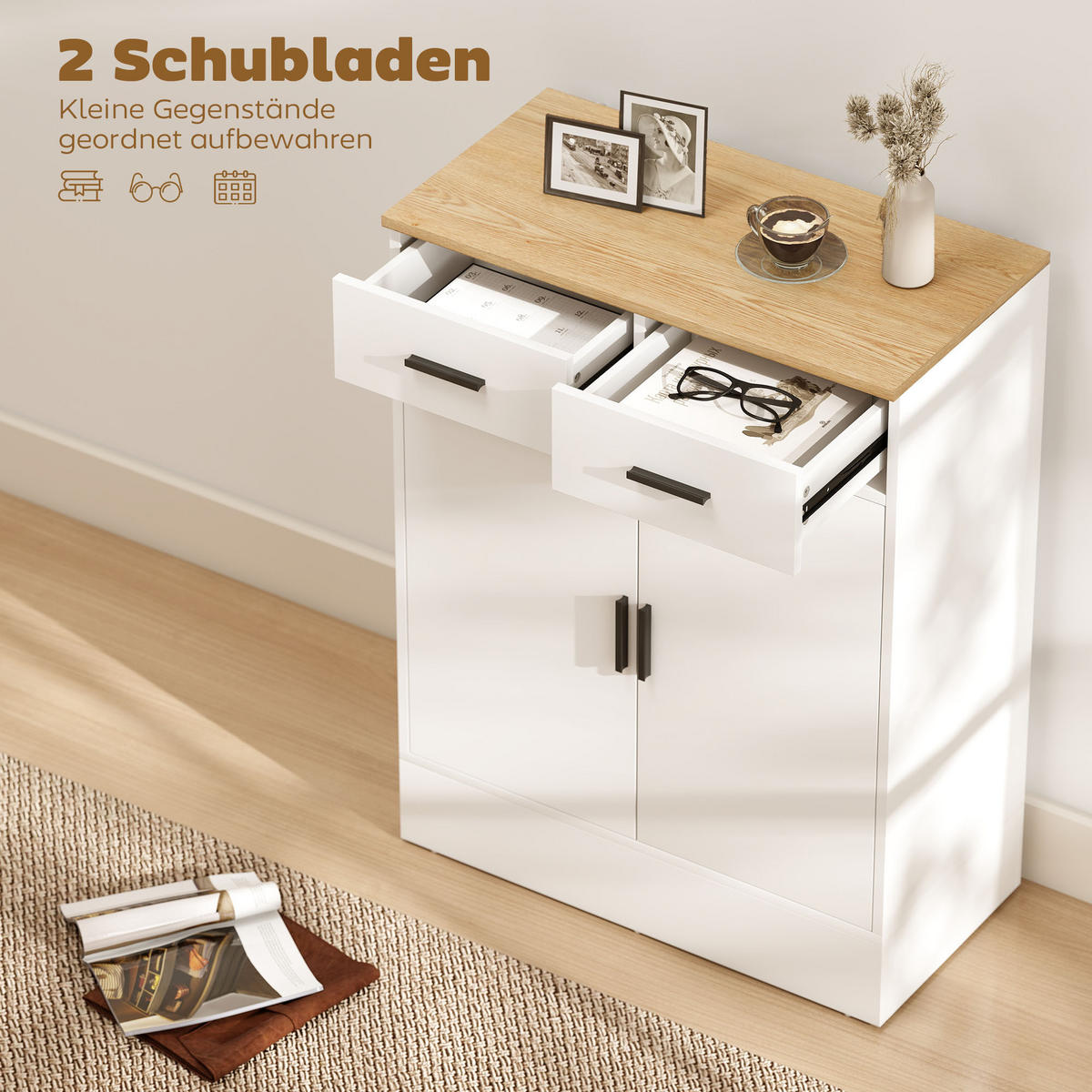 SIDEBOARD DE-08691 2 Schubladen & verstellbares Regal Weiß - Weiß, Holzwerkstoff (68.6/90.3/35cm) - ComfortXL