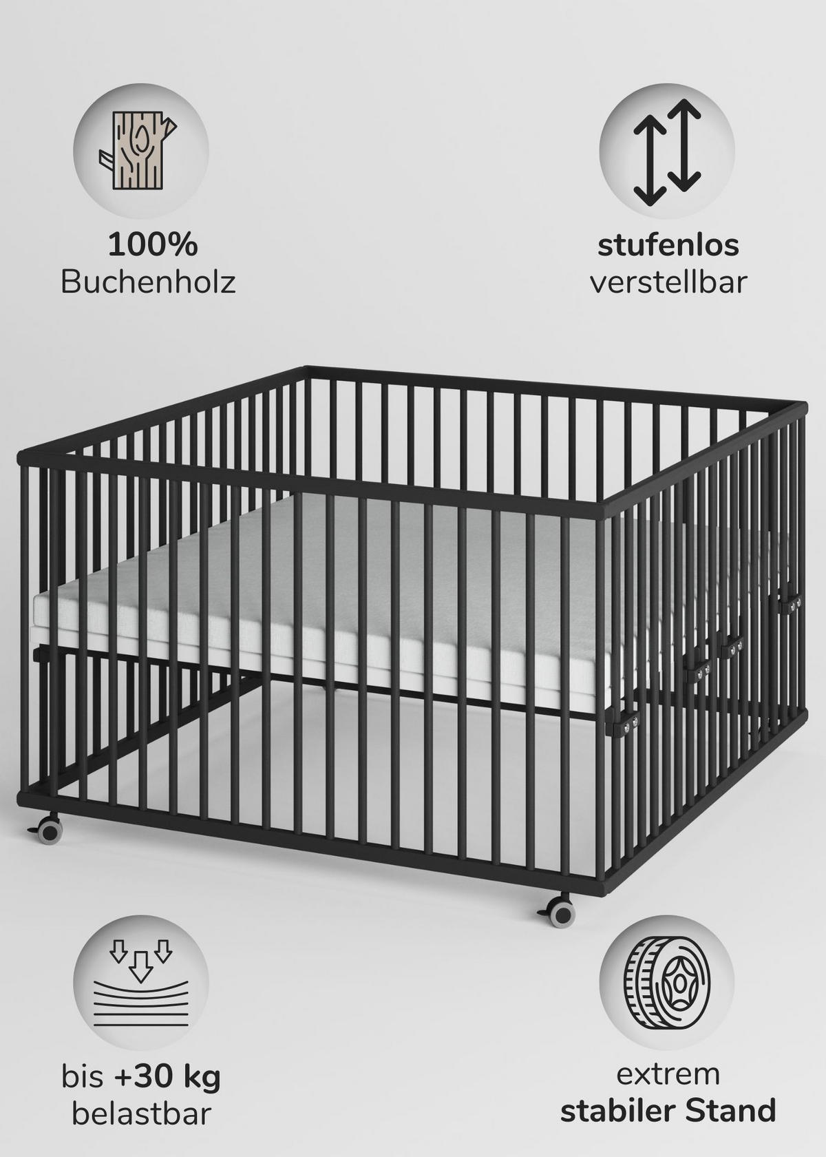 LAUFGITTER XXL 120x120 cm mit Matratze Cloud Air - Black Edition - Premium Kollektion - Schwarz, Holz (120/74/120cm) - Sämann – make a difference.