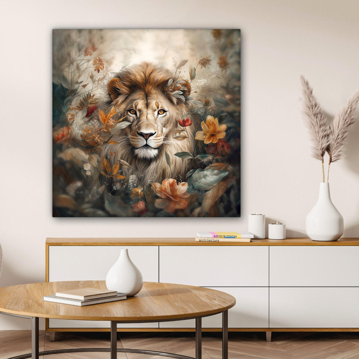 LEINWANDBILD Löwe - Wildtiere - Pflanzen - Natur - Blumen 90x90 cm - Beige, Textil (90/90cm) - MuchoWow
