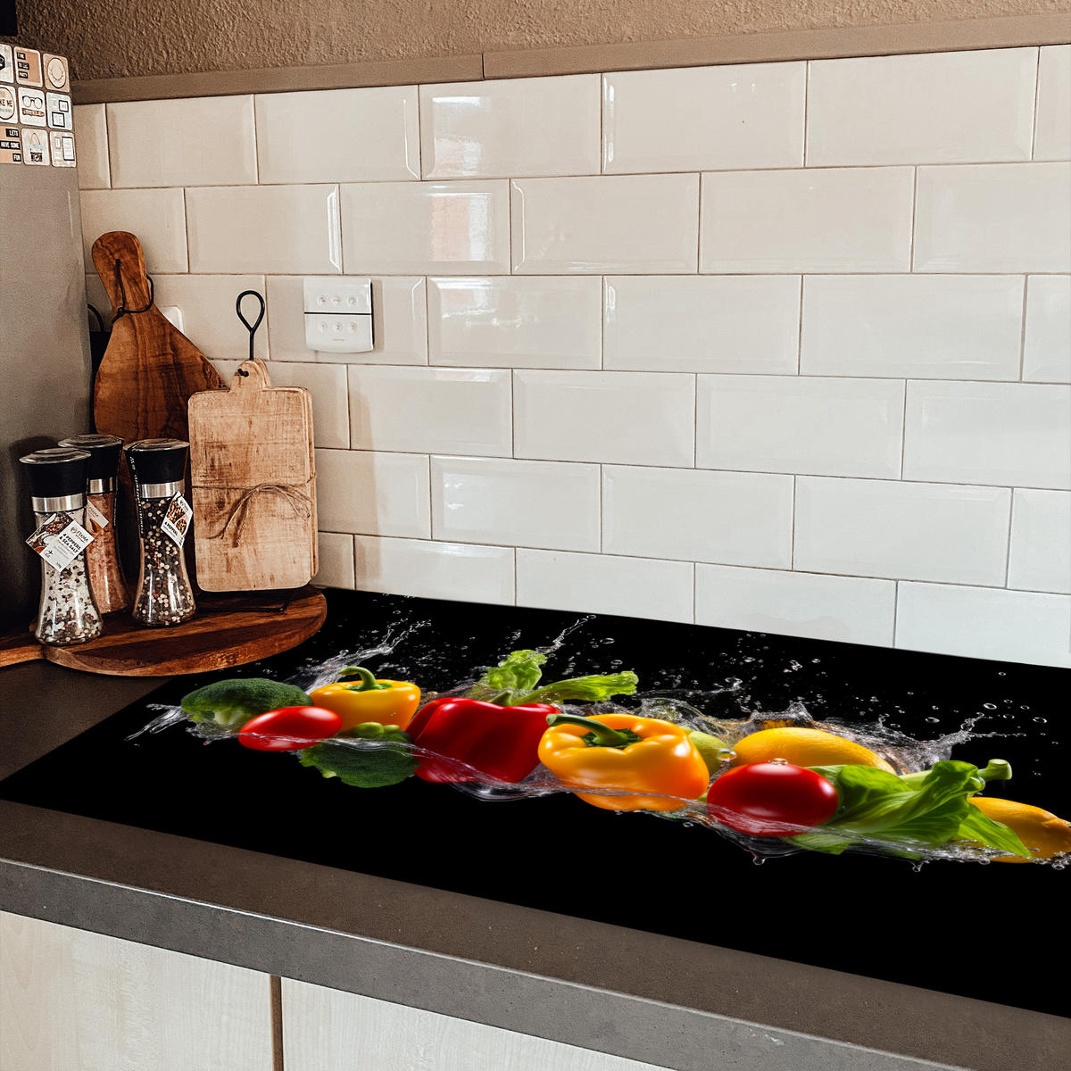 HERDABDECKPLATTE Paprika - Wasser - Gemüse - Schwarz 91x52 cm - Multicolor, Kunststoff (91.2/52/0.2cm) - MuchoWow