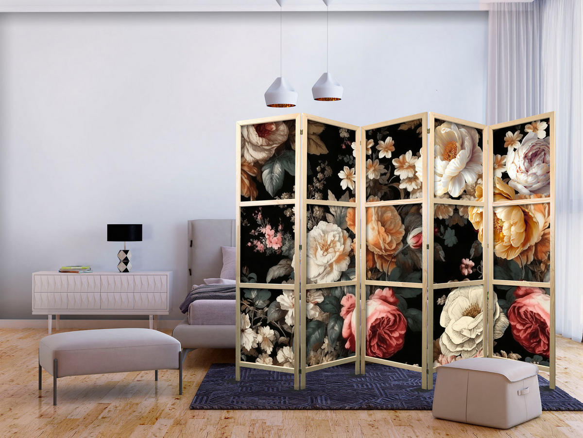 PARAVÁN Japonský 5-dielny 225x172 cm Farebné Kvety - viacfarebná, drevo/textil (225/172/3cm) - Muralo