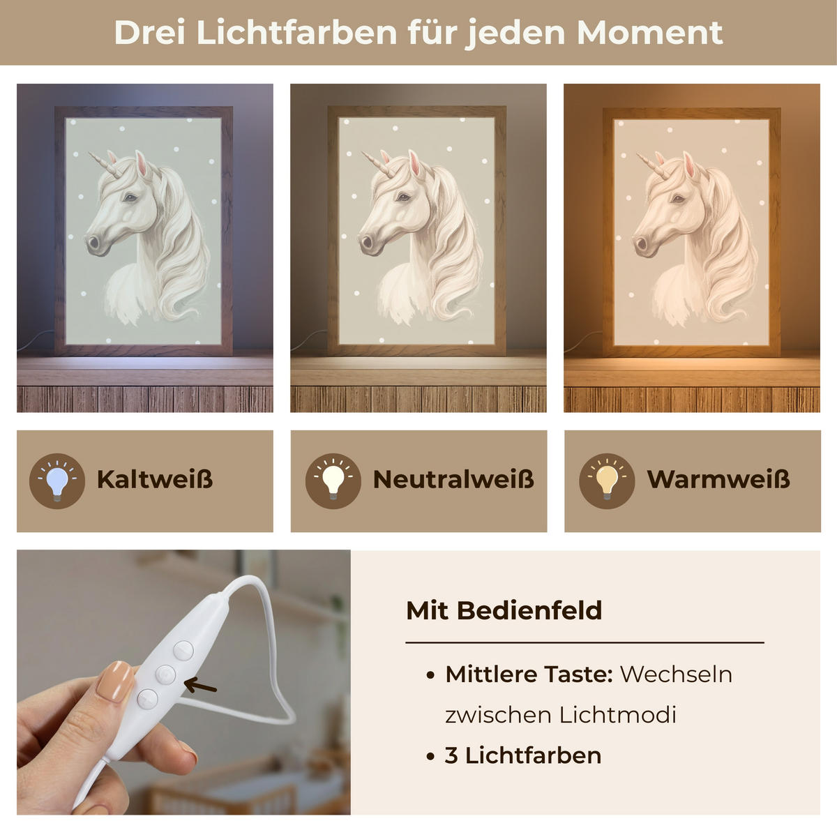 NACHTTISCHLAMPE Einhorn - Weiß - Punkte 20x30 cm - Taupe, Holzwerkstoff (8/20/30cm)