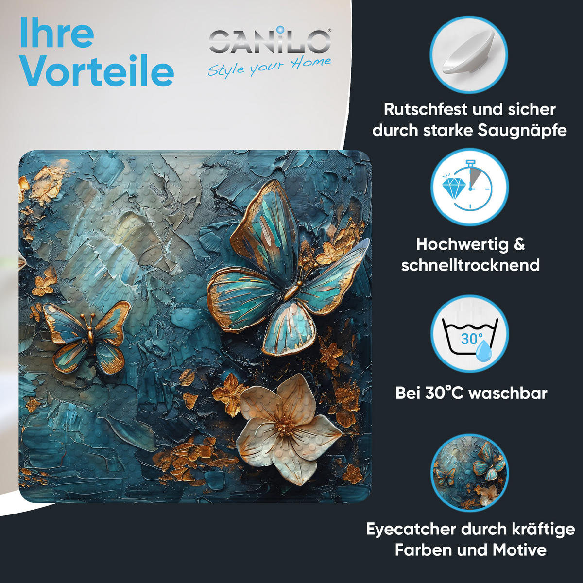 BADEMATTE Mariposa - Blau, Kunststoff (53/53cm) - Sanilo