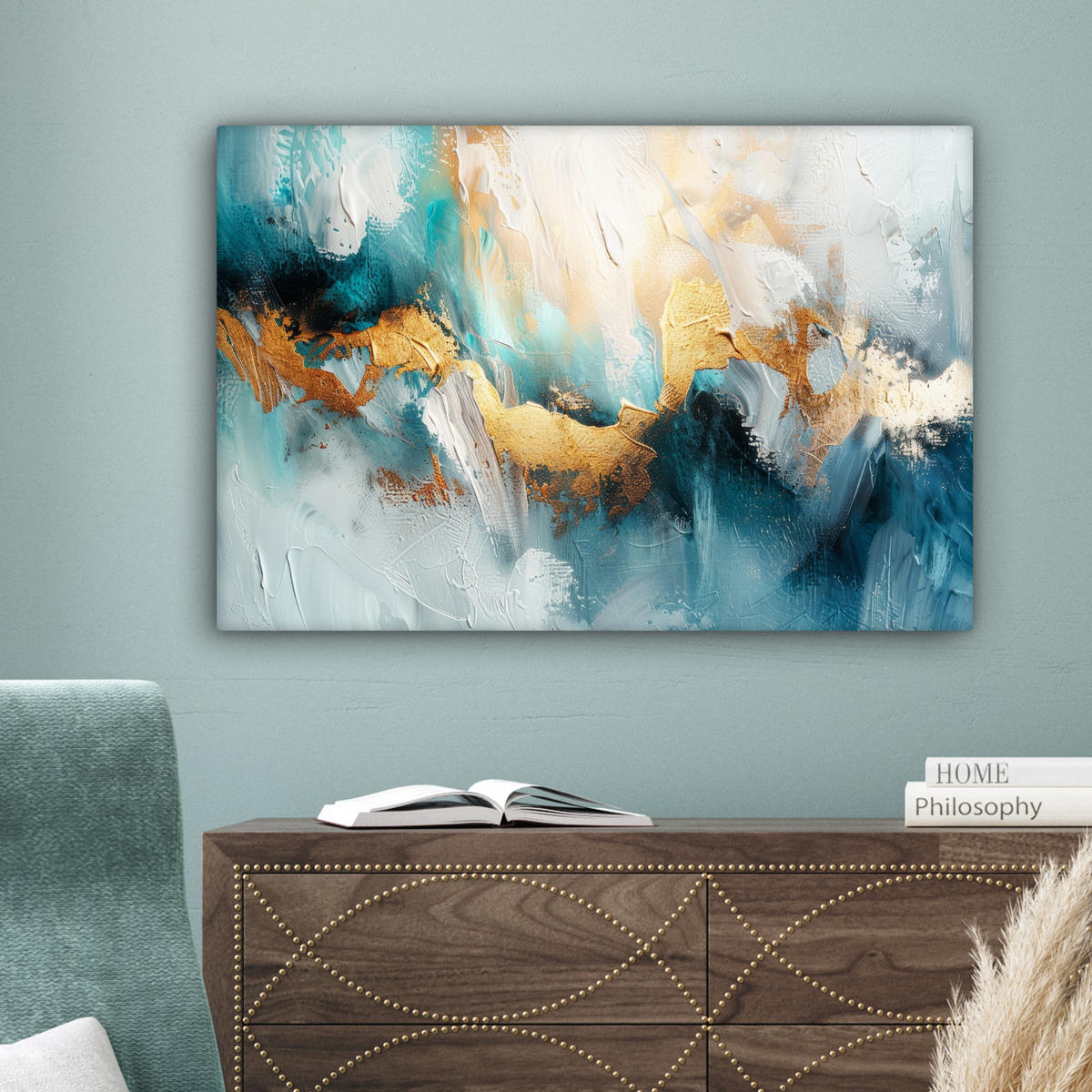 LEINWANDBILD Abstrakt - Kunst - Gold - Blau Gemälde 60x40 cm - Petrol, Textil (60/40cm) - MuchoWow