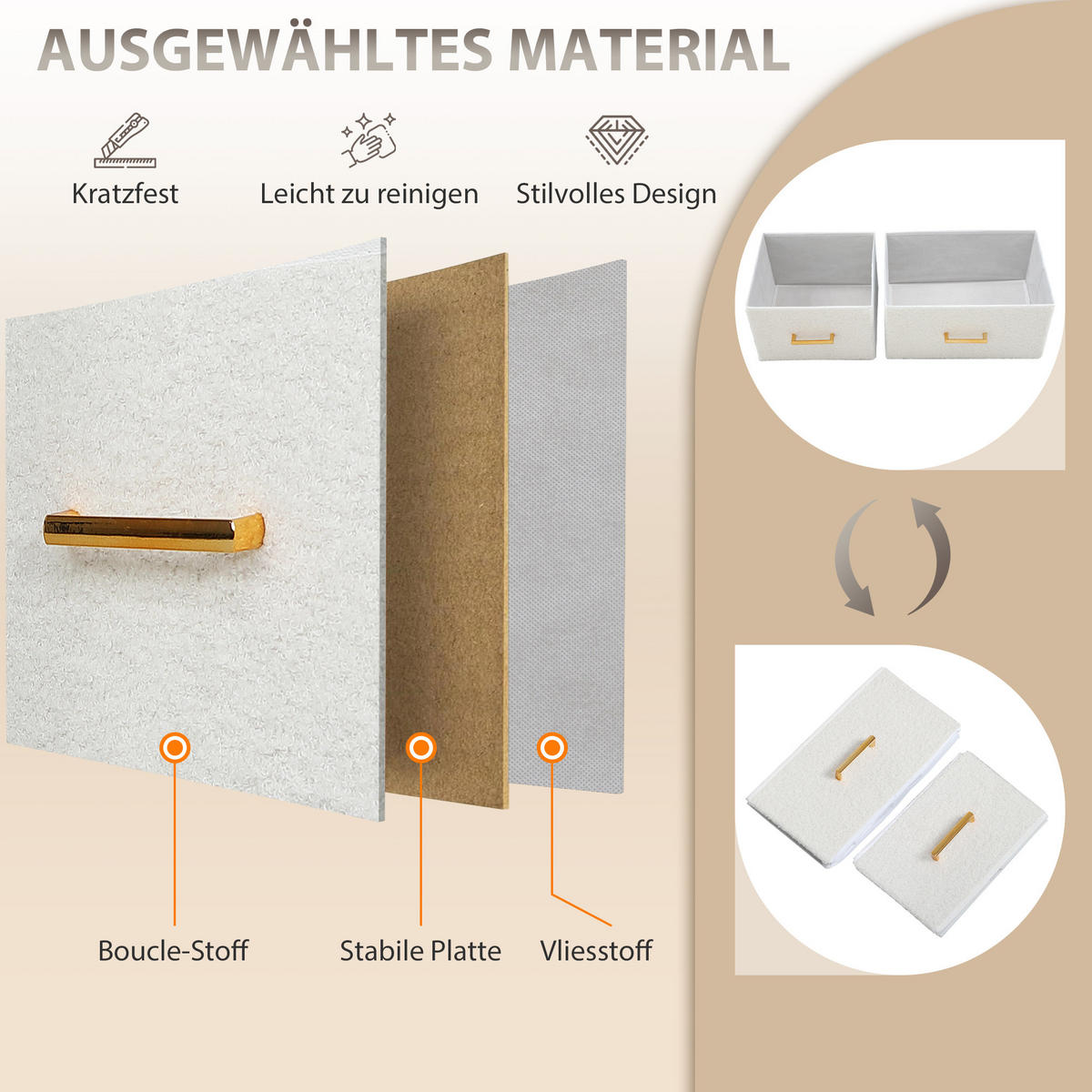 KOMMODE, Aufbewahrungsschrank mit 8 Schubladen aus Stoff, Stahlrahmen, Cremeweiß - Goldfarben/Creme, Textil/Metall (30/76/110cm) - HOMCOM